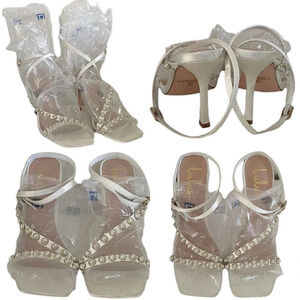 Lulu's Strappy White Satin Iridescent Pearl and Gold-Tone Studded Sandal Heels